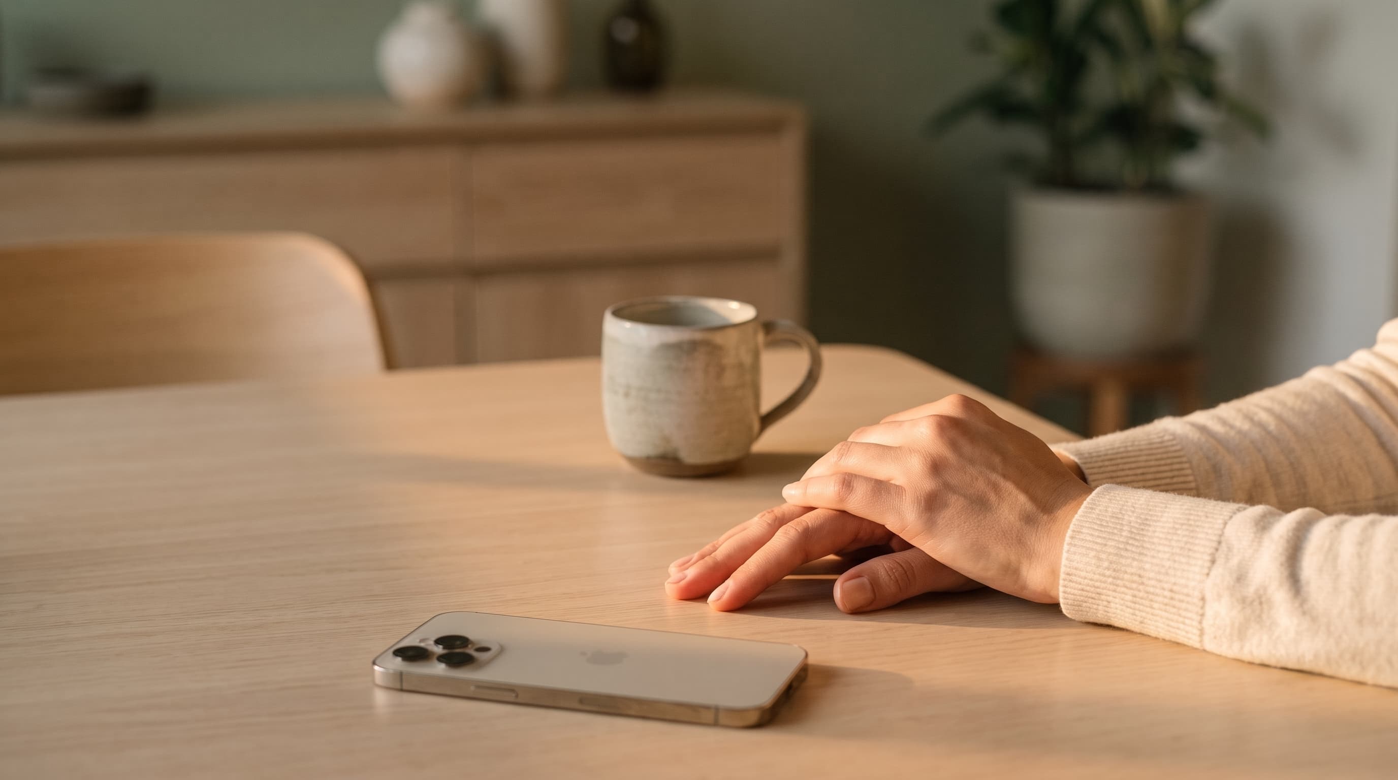 Manos de una psicóloga sobre la mesa del consultorio, con el celular boca abajo