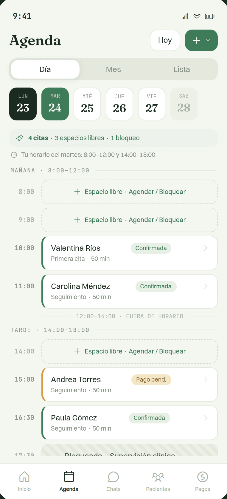 Agenda de un martes en citaliza con tres espacios libres sin reservar