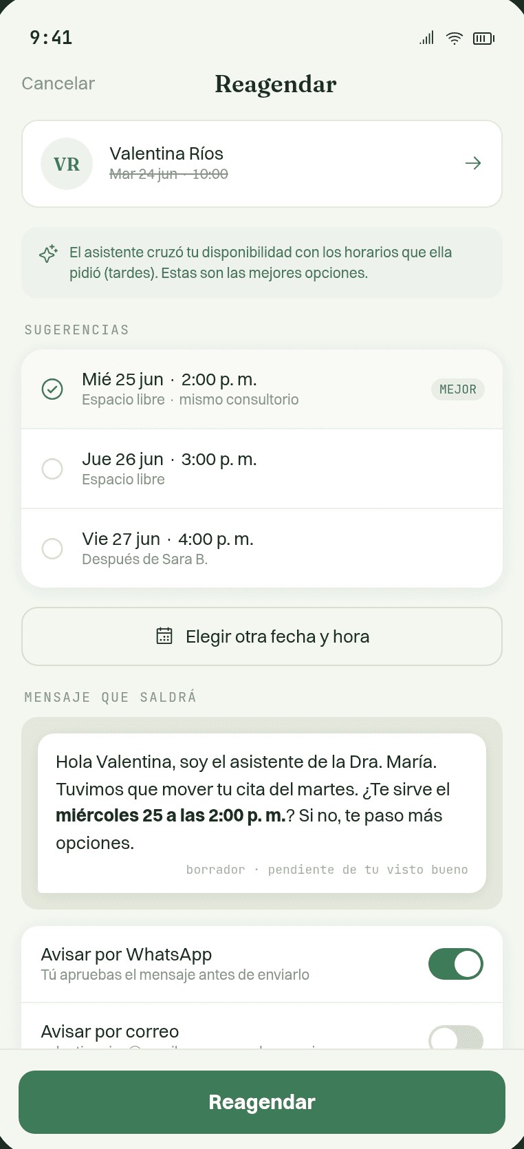 Reagendar una cita con tres horarios sugeridos