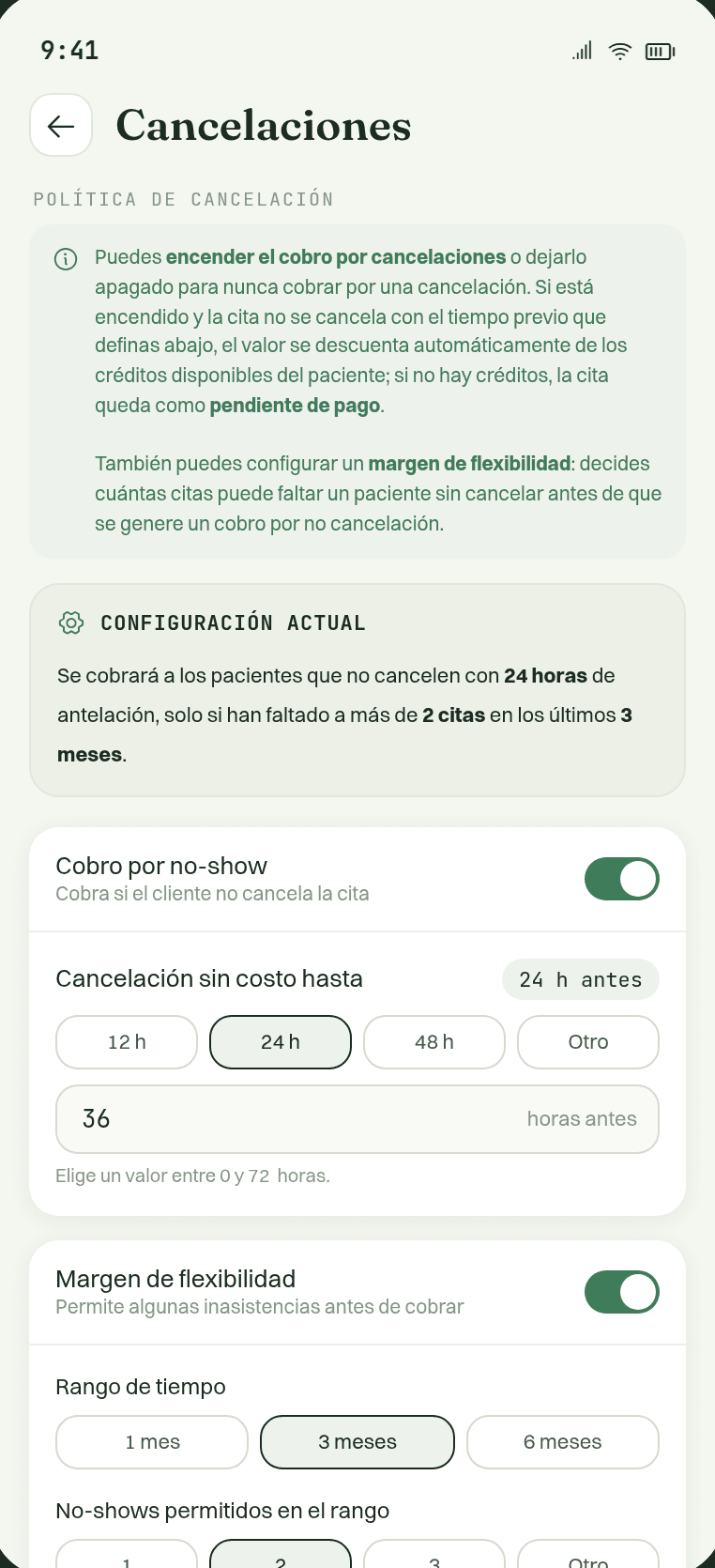 Pantalla de cancelaciones y recordatorios con la política de no-show
