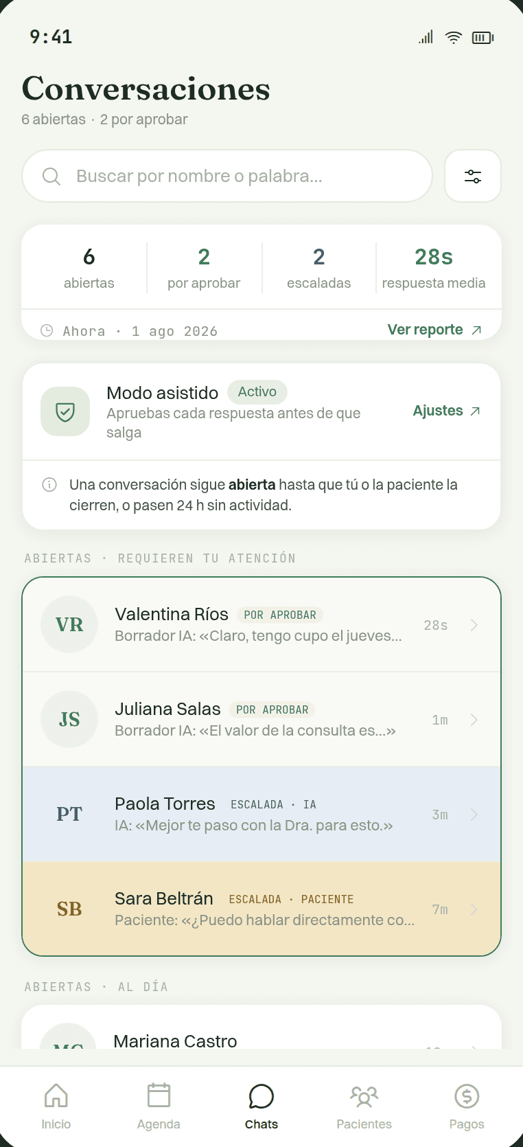 Bandeja de conversaciones con cada chat marcado por aprobar, escalada o al día