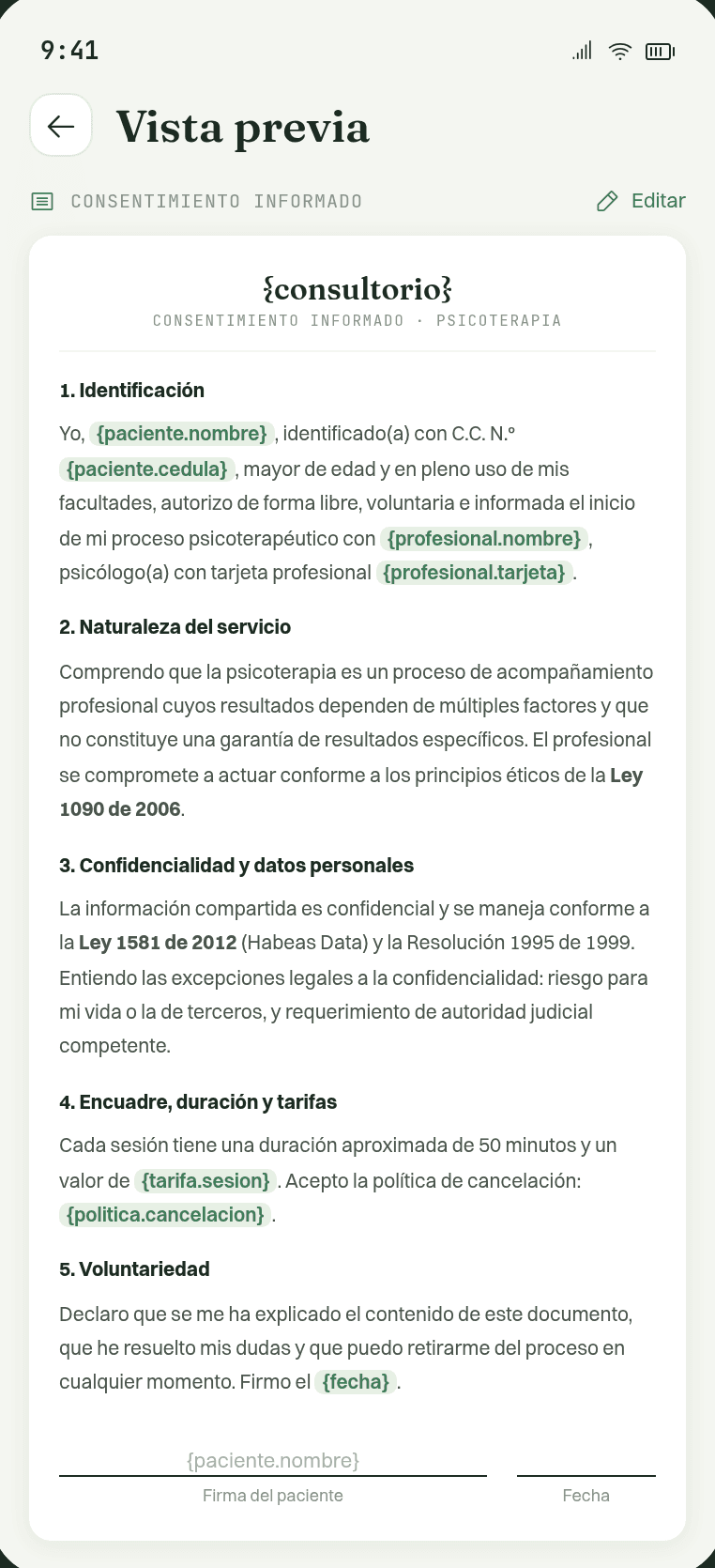 Vista previa del consentimiento informado con sus cinco secciones y variables