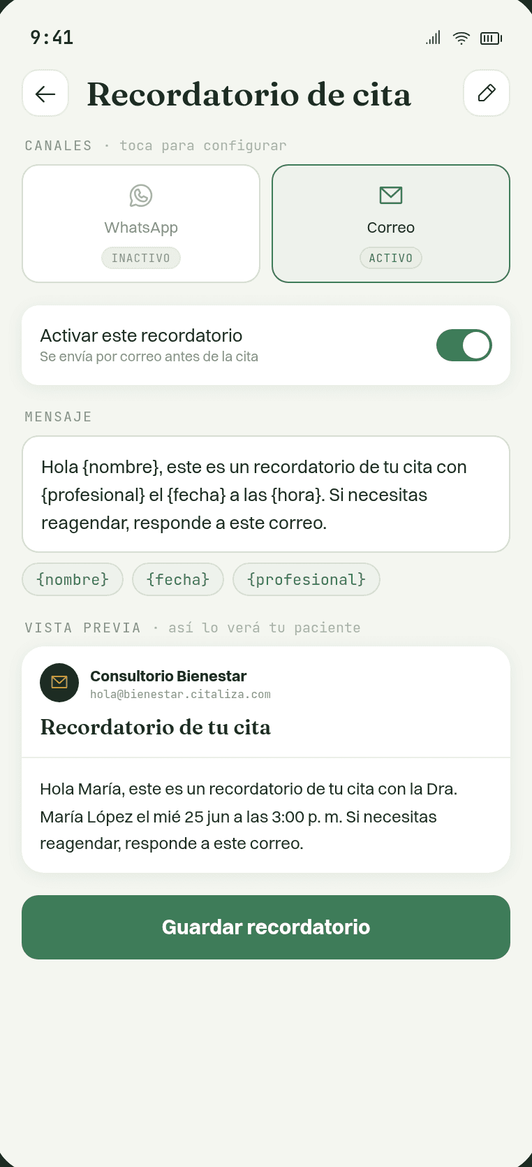 Correo de recordatorio enviado desde el dominio de la profesional