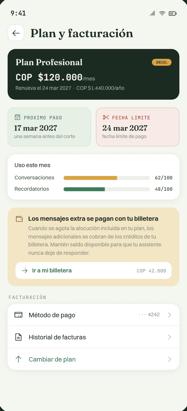 Cupo mensual de conversaciones y reglas fijas del asistente