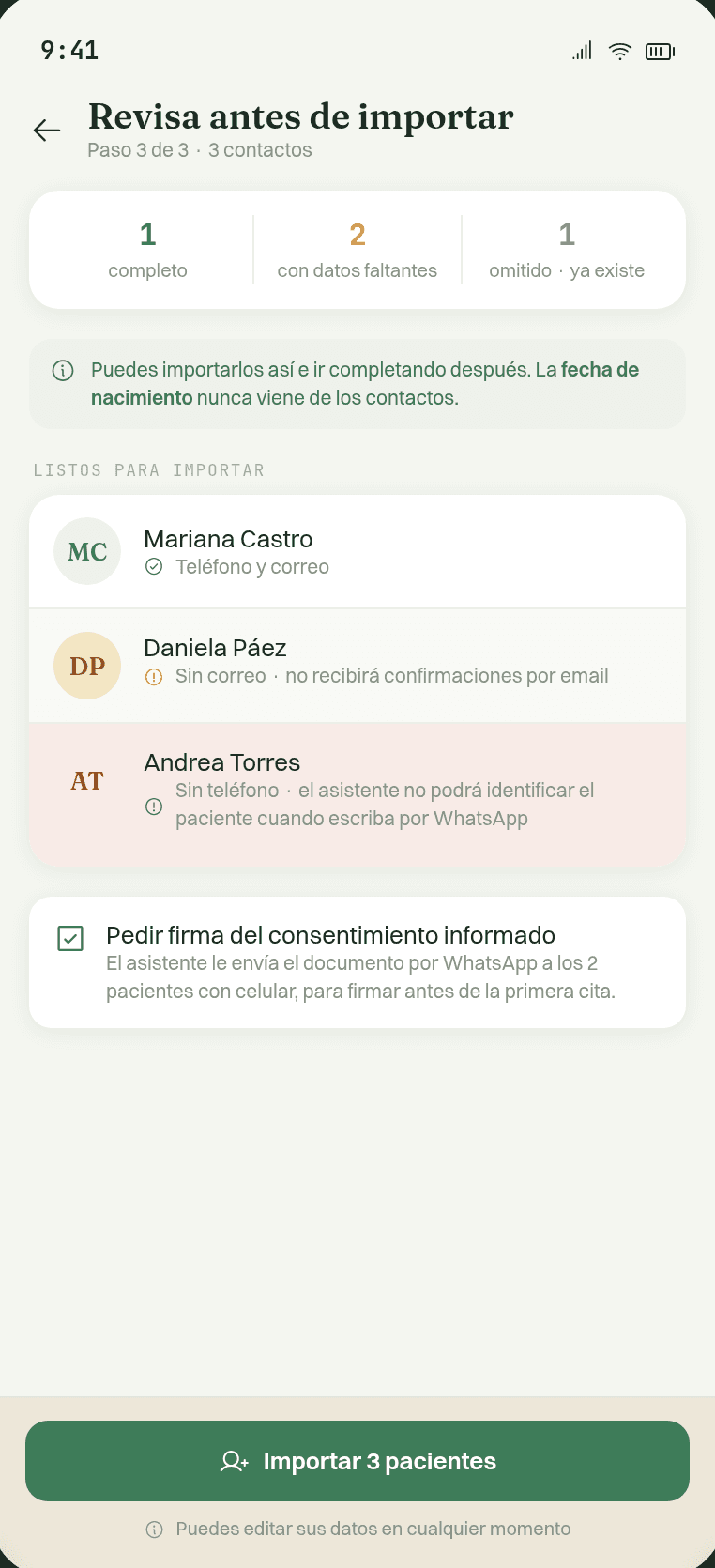 Importar contactos, seleccionando uno a uno