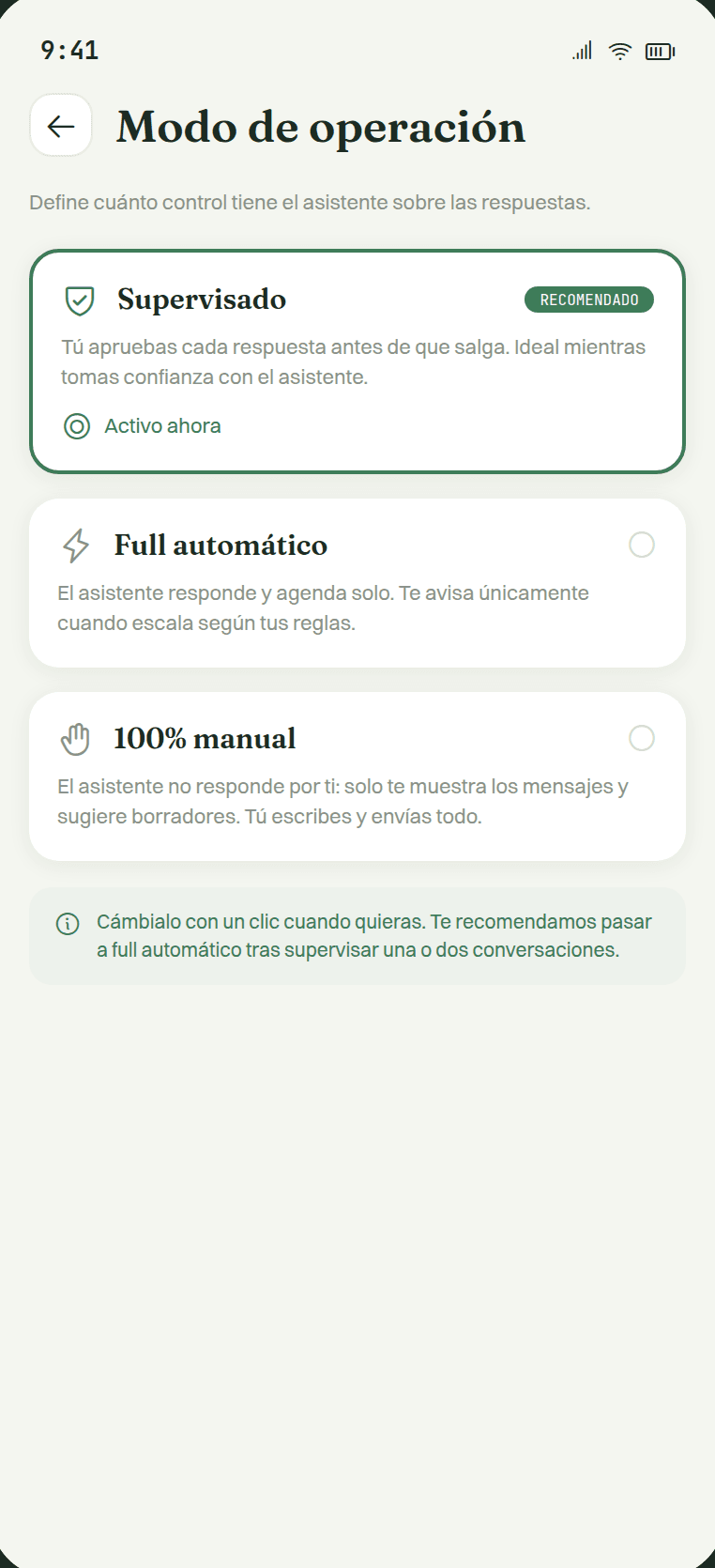 Selector de modo de operación con Supervisado, Full automático y 100% manual