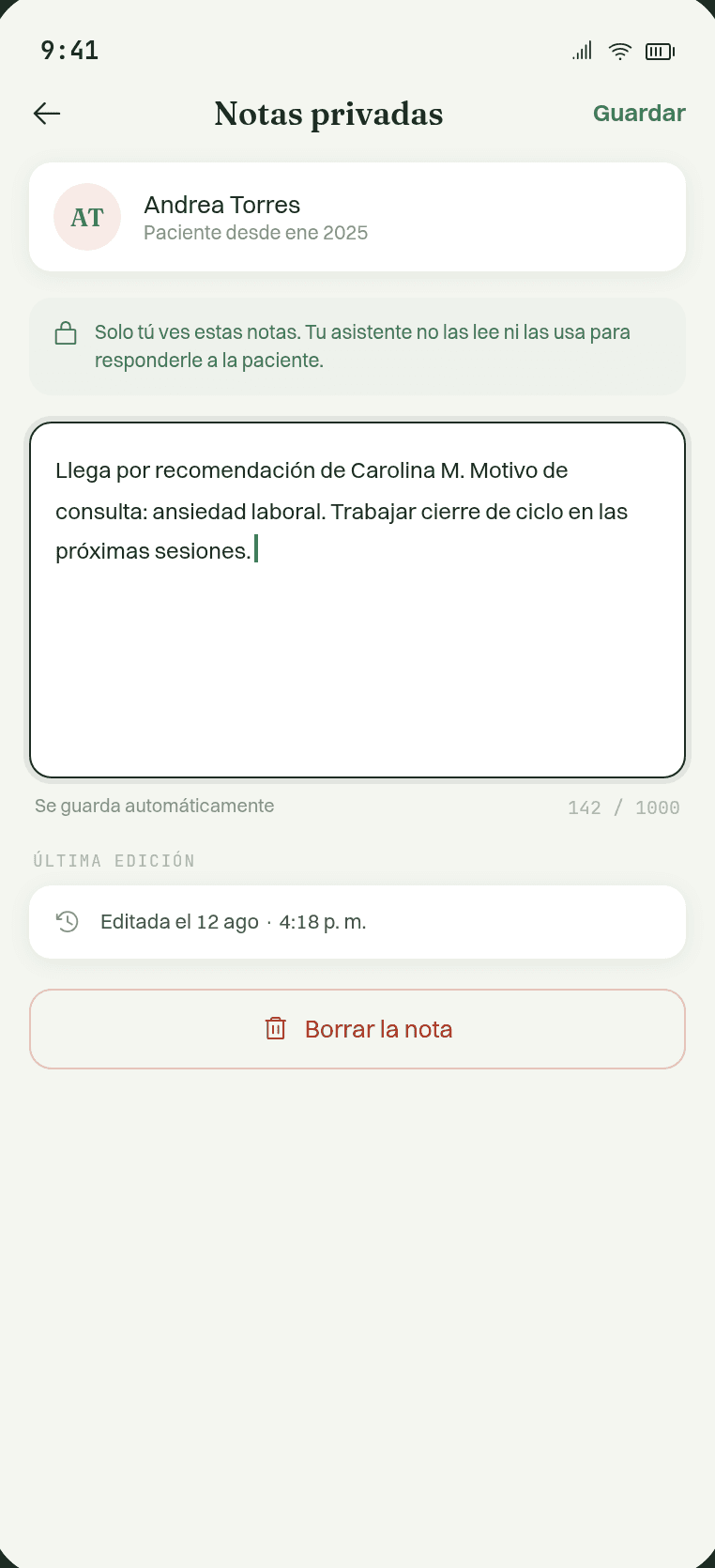 Notas generales sobre el paciente con el aviso de que solo tú las ves y el asistente no las lee