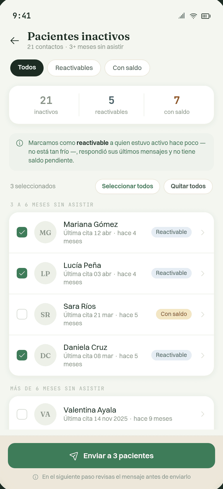 Lista de pacientes inactivos con tres seleccionados para reactivar