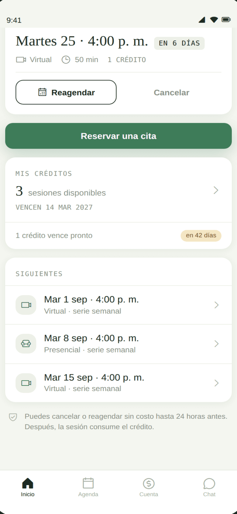 Portal del paciente ya adentro: próxima cita, créditos y saldo
