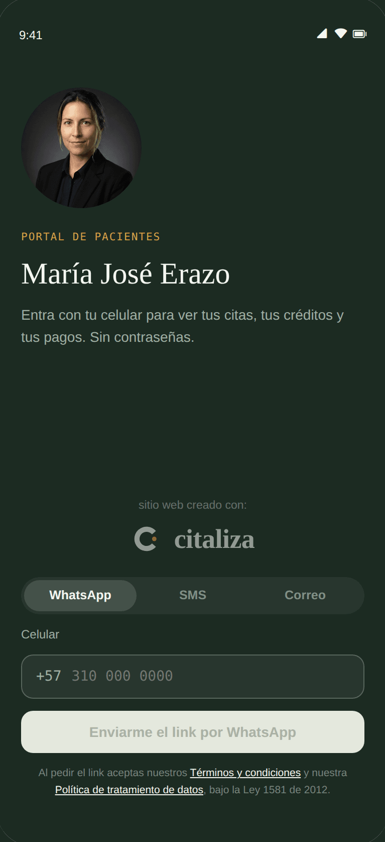 Portal del paciente con la foto y el nombre de la profesional