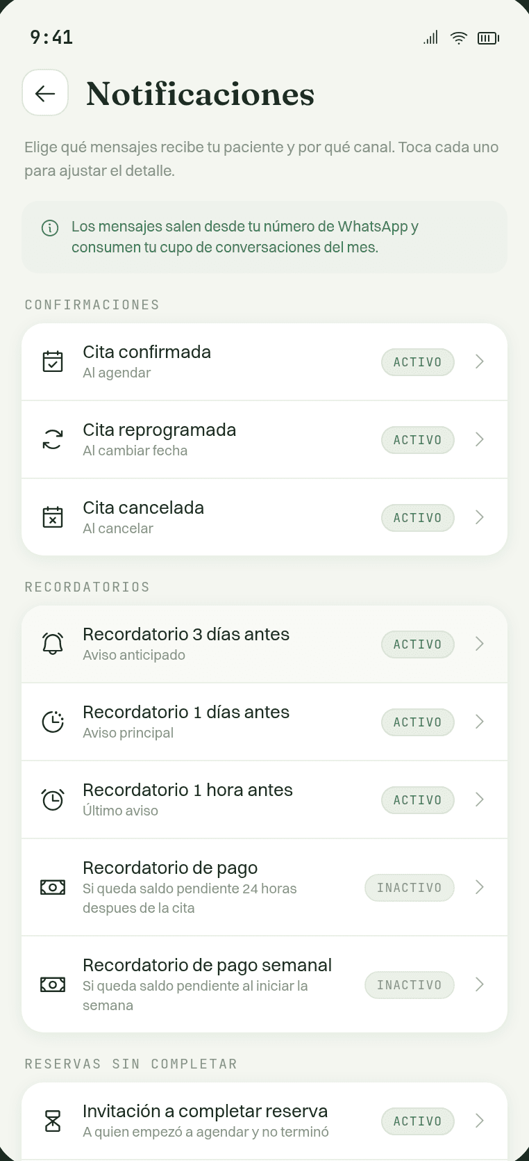 Los tres recordatorios de cita con sus interruptores: 3 días, 1 día y 1 hora antes