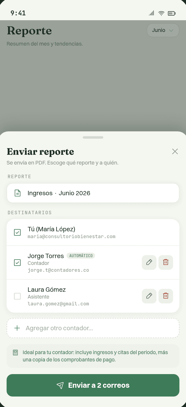 Reporte del mes con el destinatario del contador