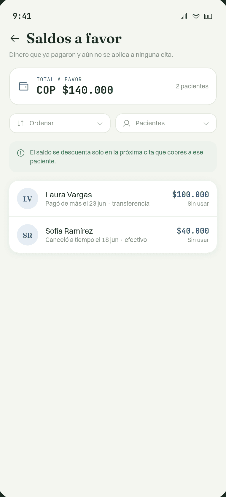 Ficha del paciente con saldo a favor