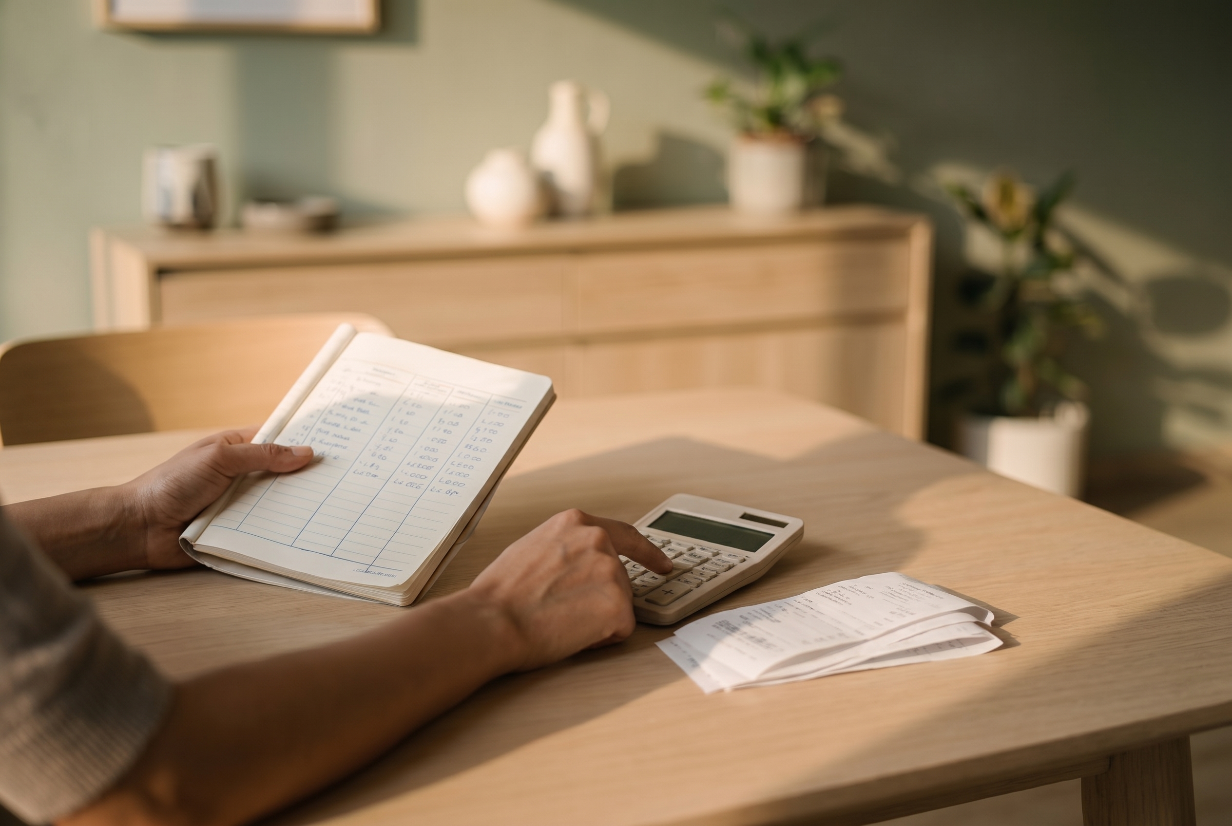 Calculadora, recibos y una libreta sobre la mesa