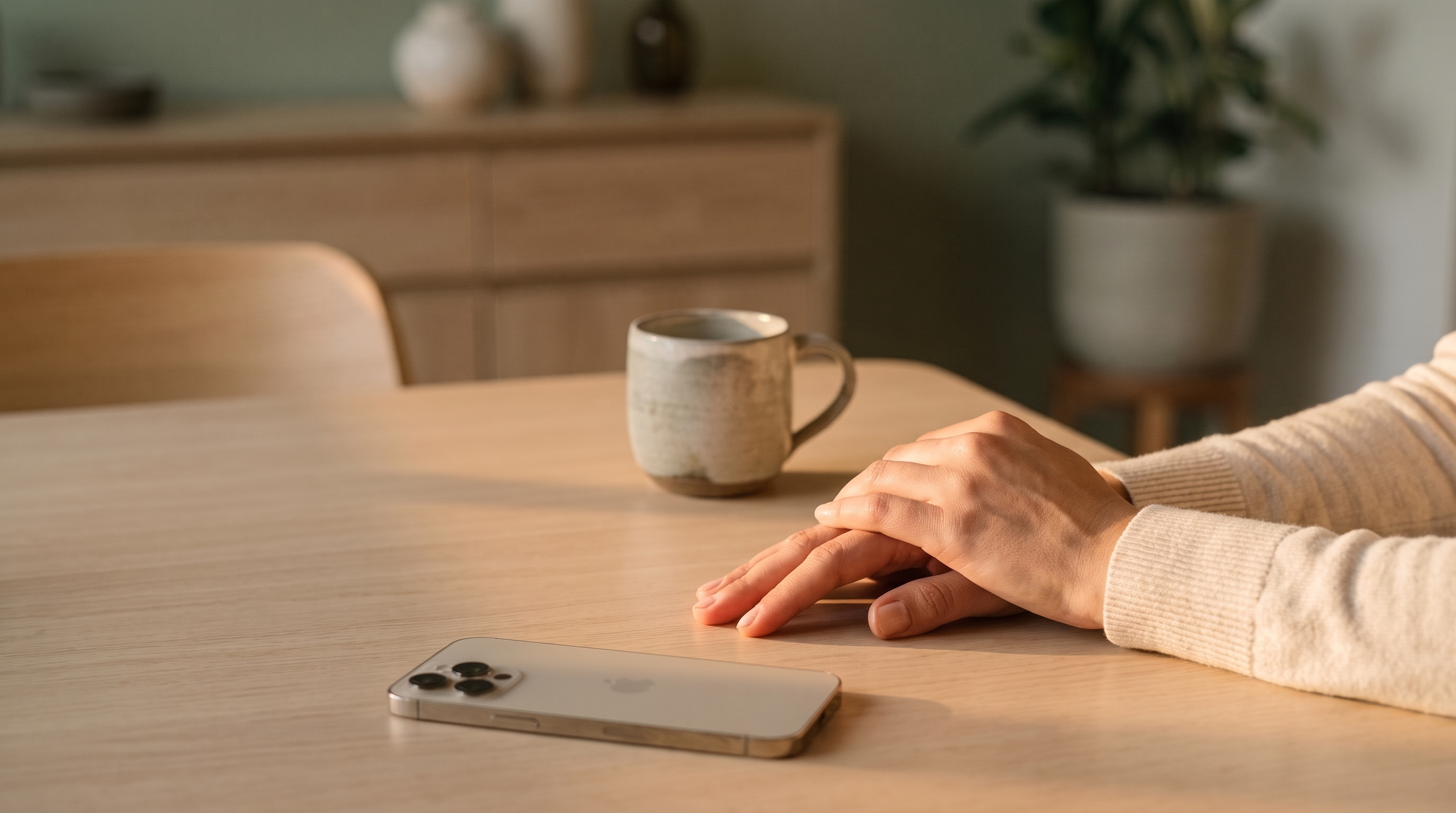 Manos de una psicóloga sobre la mesa del consultorio, con el celular boca abajo