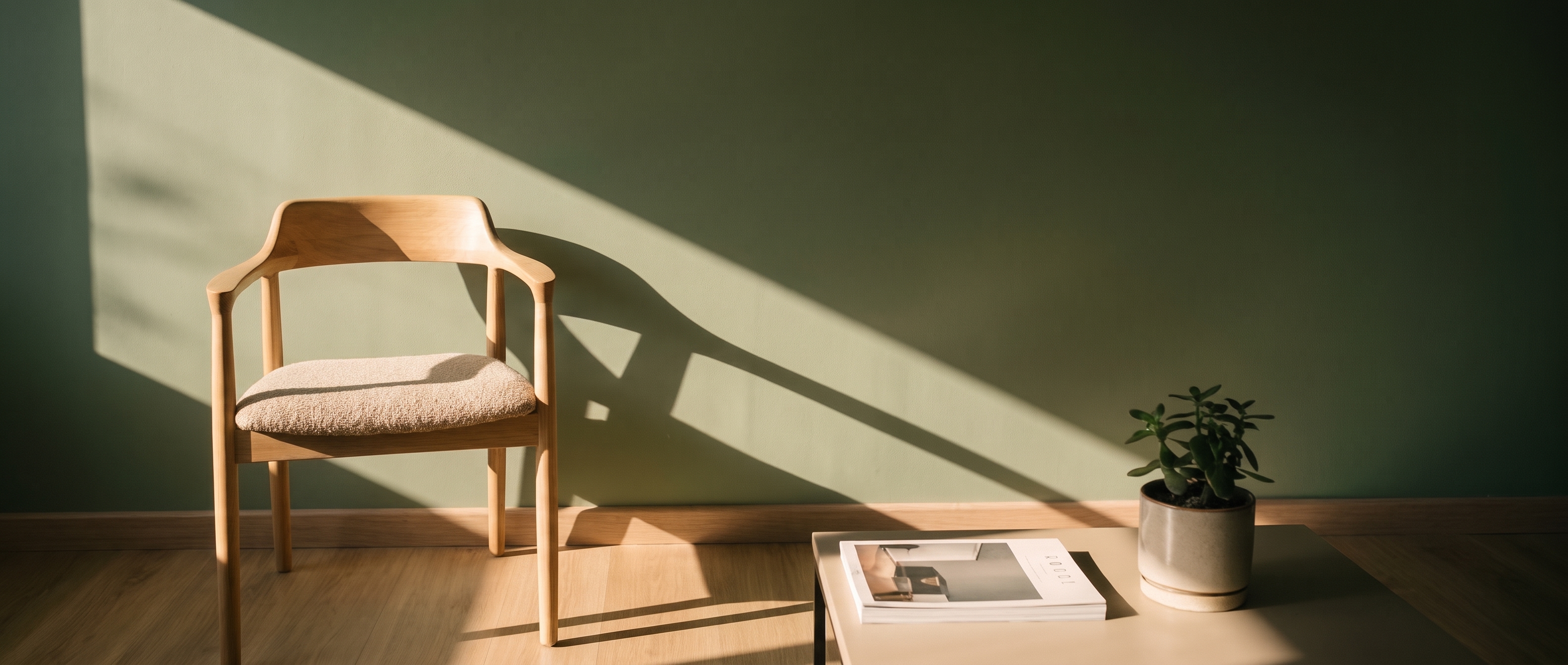 Sala de espera vacía con una silla y luz de tarde