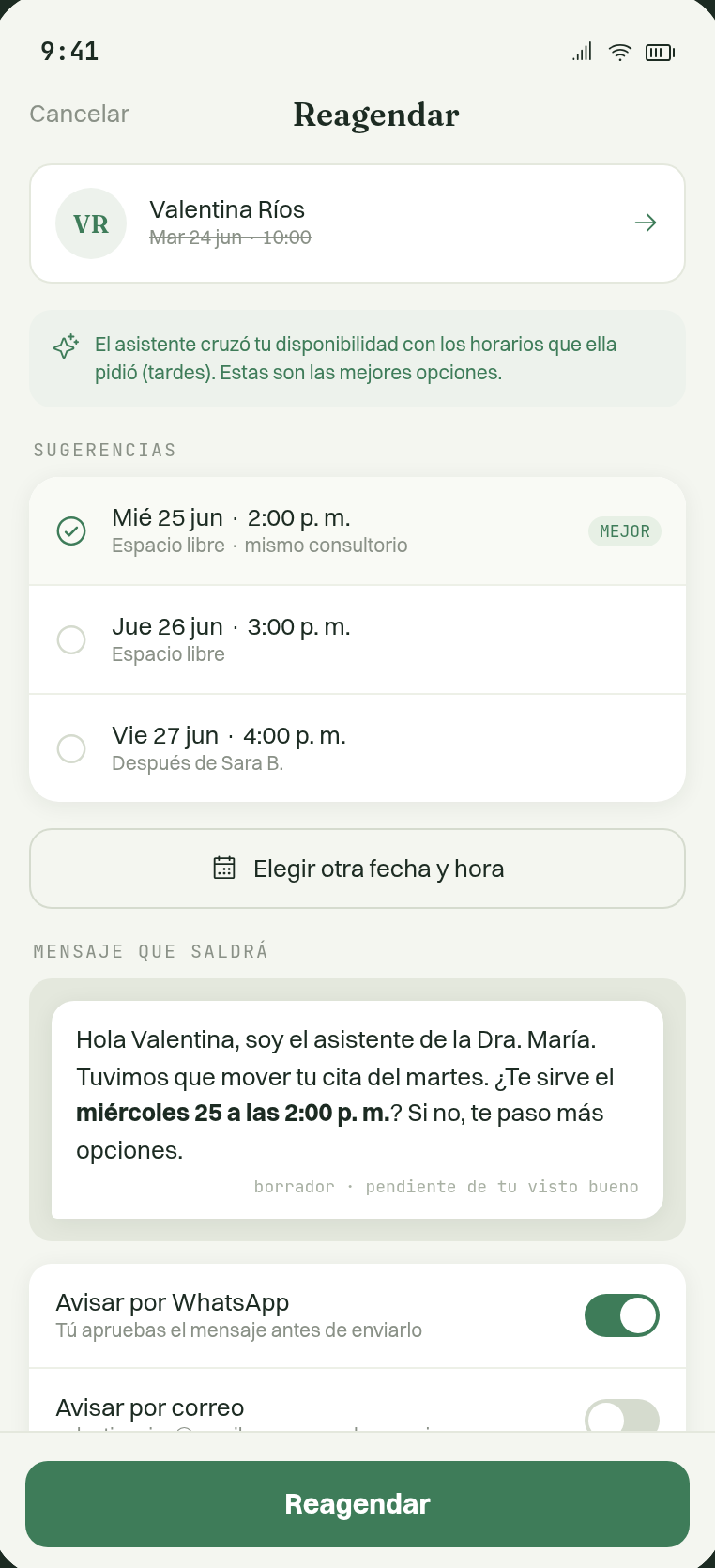 Reagendar una cita con tres horarios sugeridos