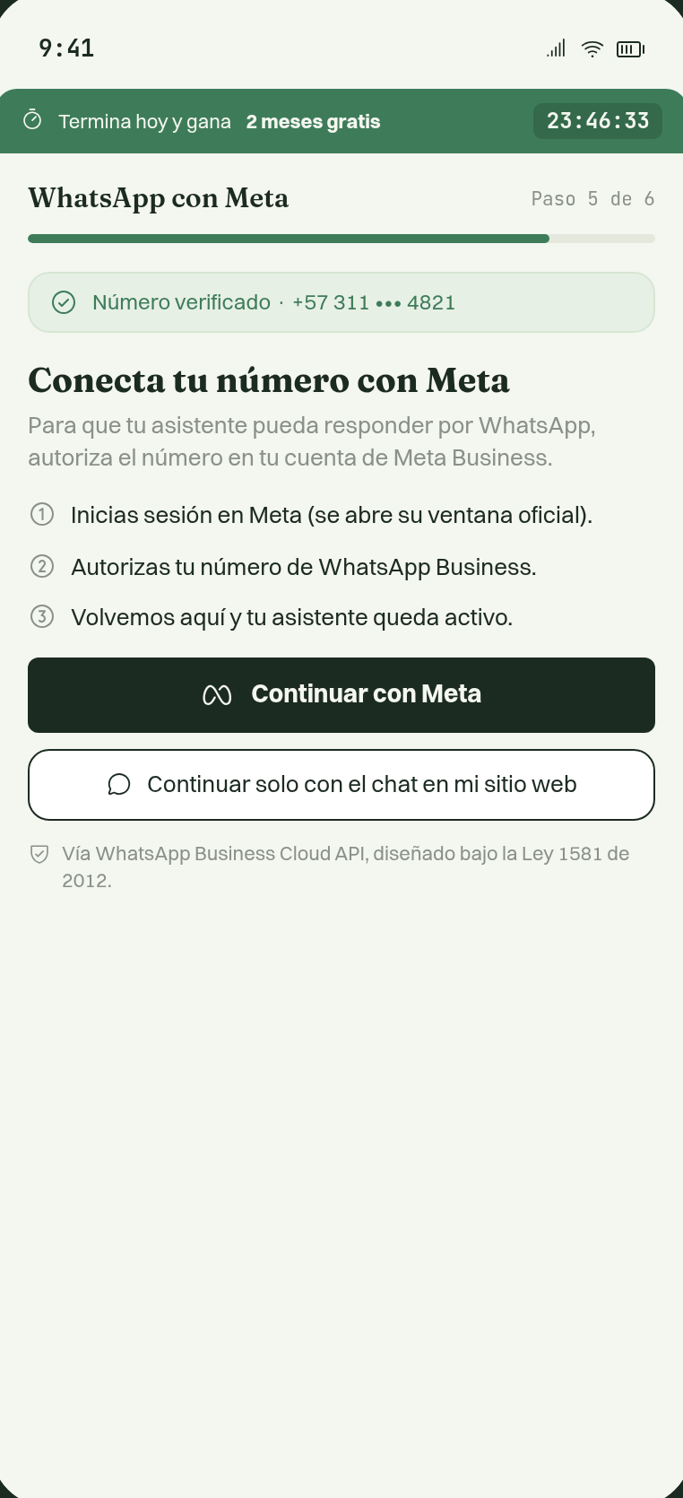 Pantalla del producto: canal oficial de Meta, número verificado a tu nombre