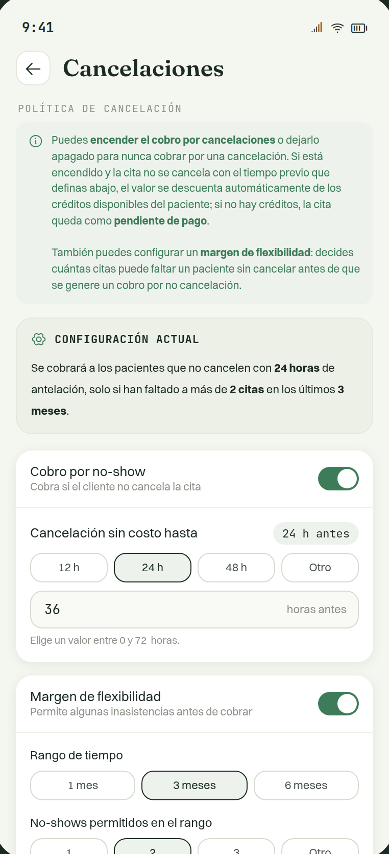 Pantalla de cancelaciones y recordatorios con la política de no-show