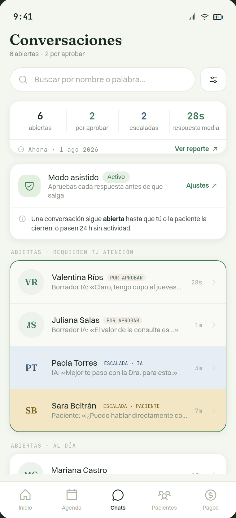Lista de conversaciones de citaliza con dos borradores del asistente esperando aprobación