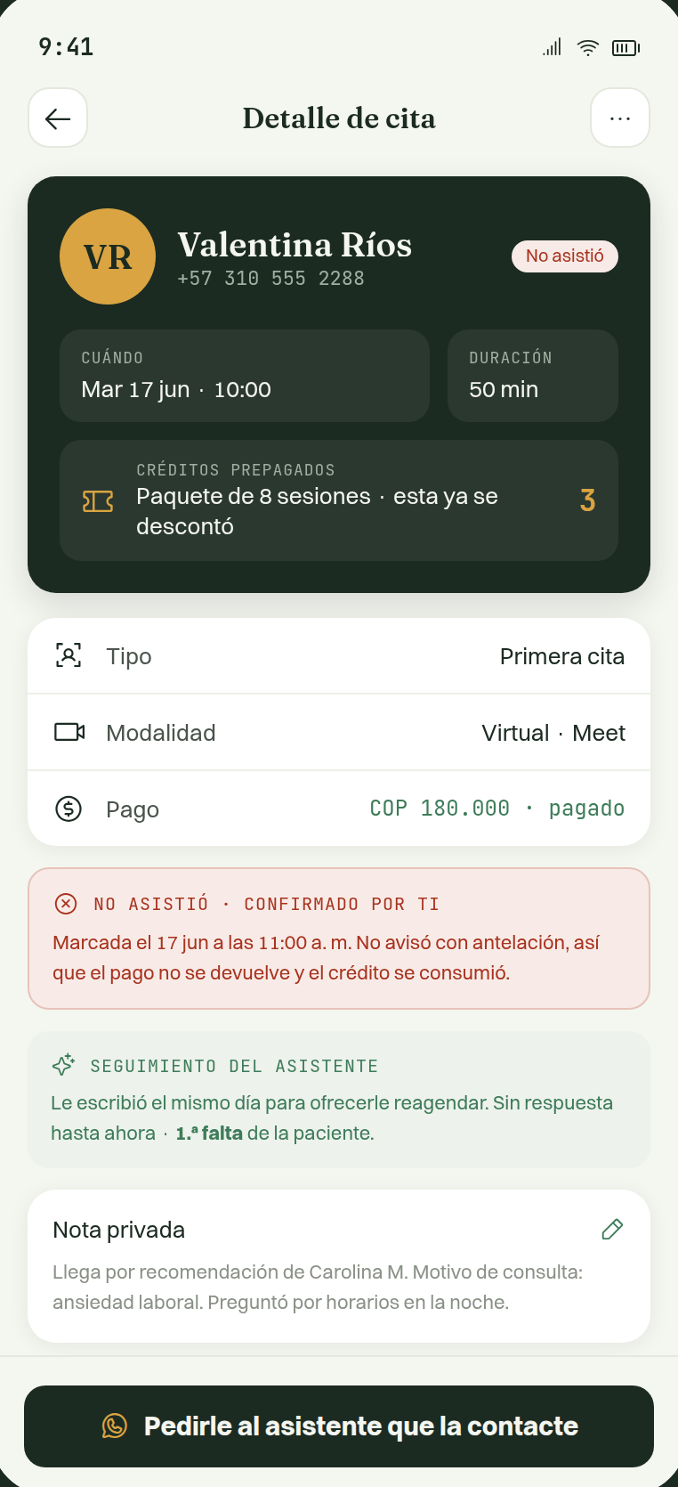 Detalle de una cita marcada como no asistió, con el seguimiento del asistente ese mismo día