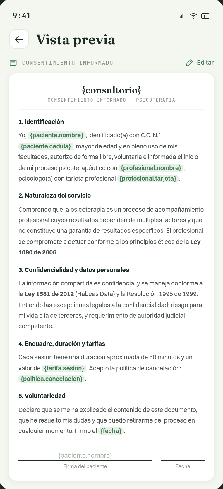 Vista previa del consentimiento informado con sus cinco secciones y variables