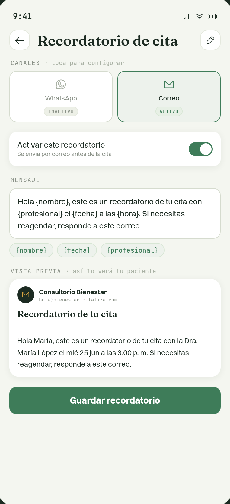 Correo de recordatorio enviado desde el dominio de la profesional