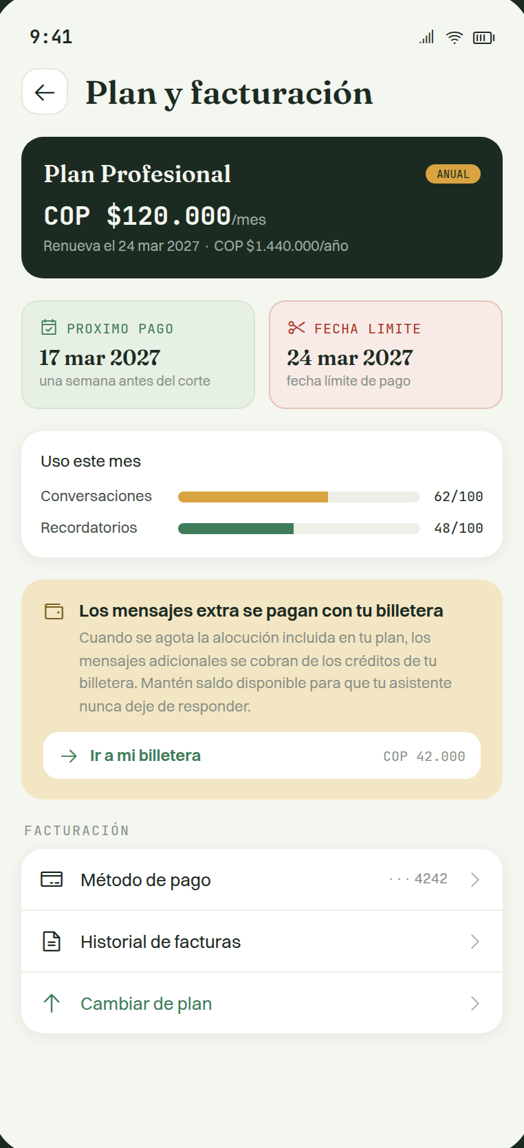 Cupo mensual de conversaciones y reglas fijas del asistente