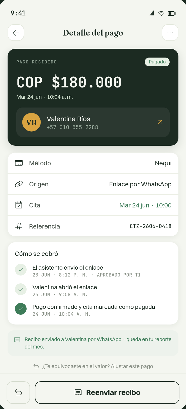 Pantalla: Si te paga en efectivo o por transferencia, igual queda registrado