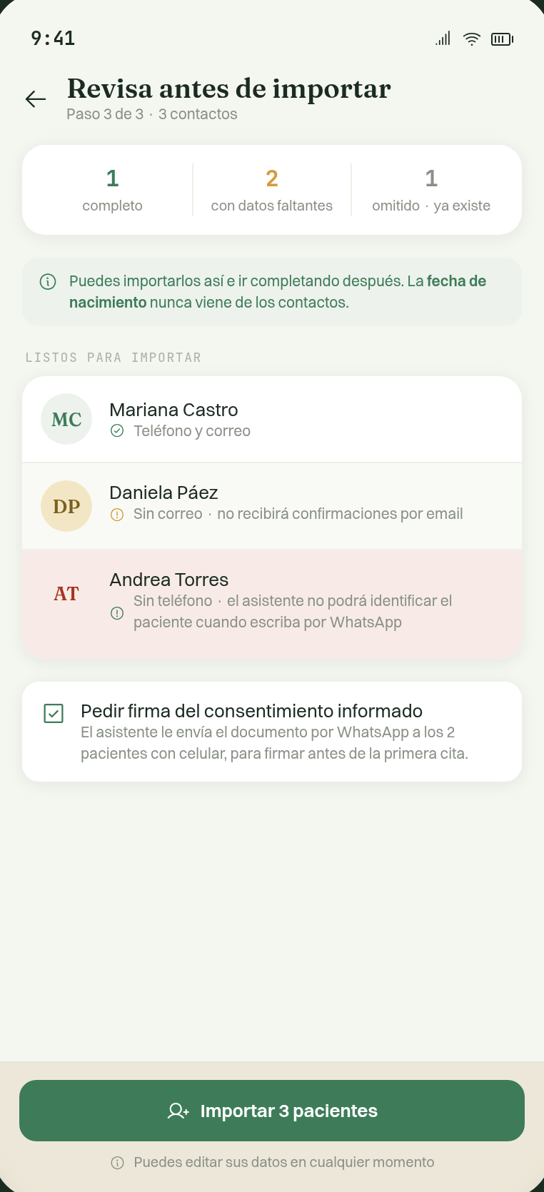 Importar contactos, seleccionando uno a uno