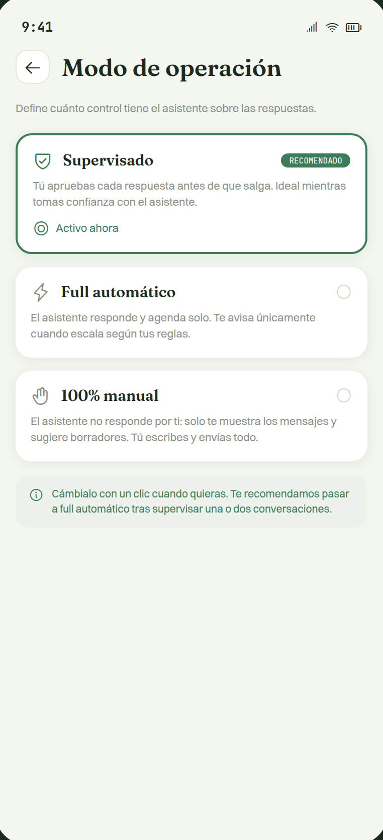 Selector de modo de operación con Supervisado, Full automático y 100% manual