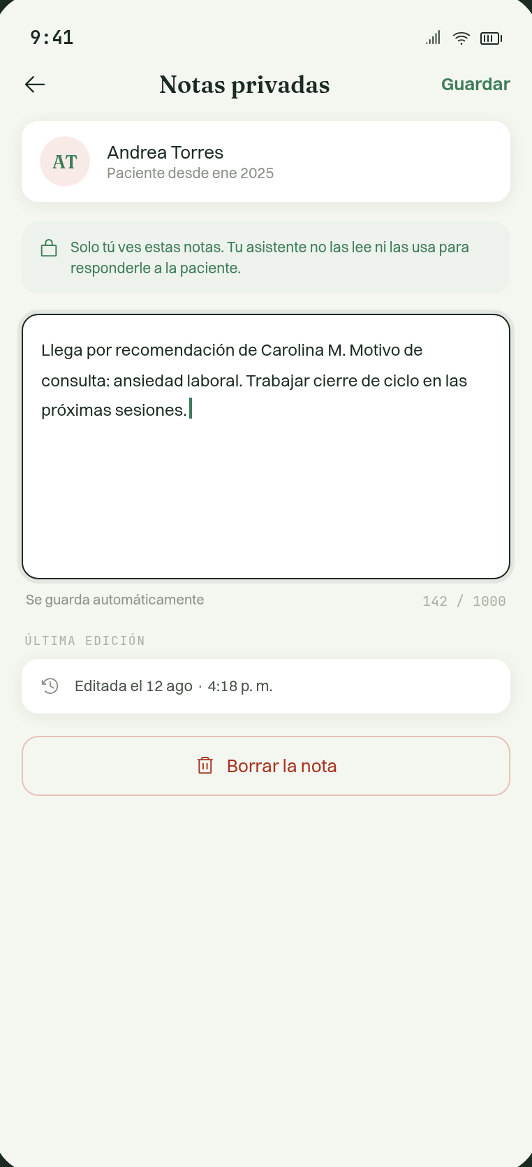 Notas generales sobre el paciente con el aviso de que solo tú las ves y el asistente no las lee