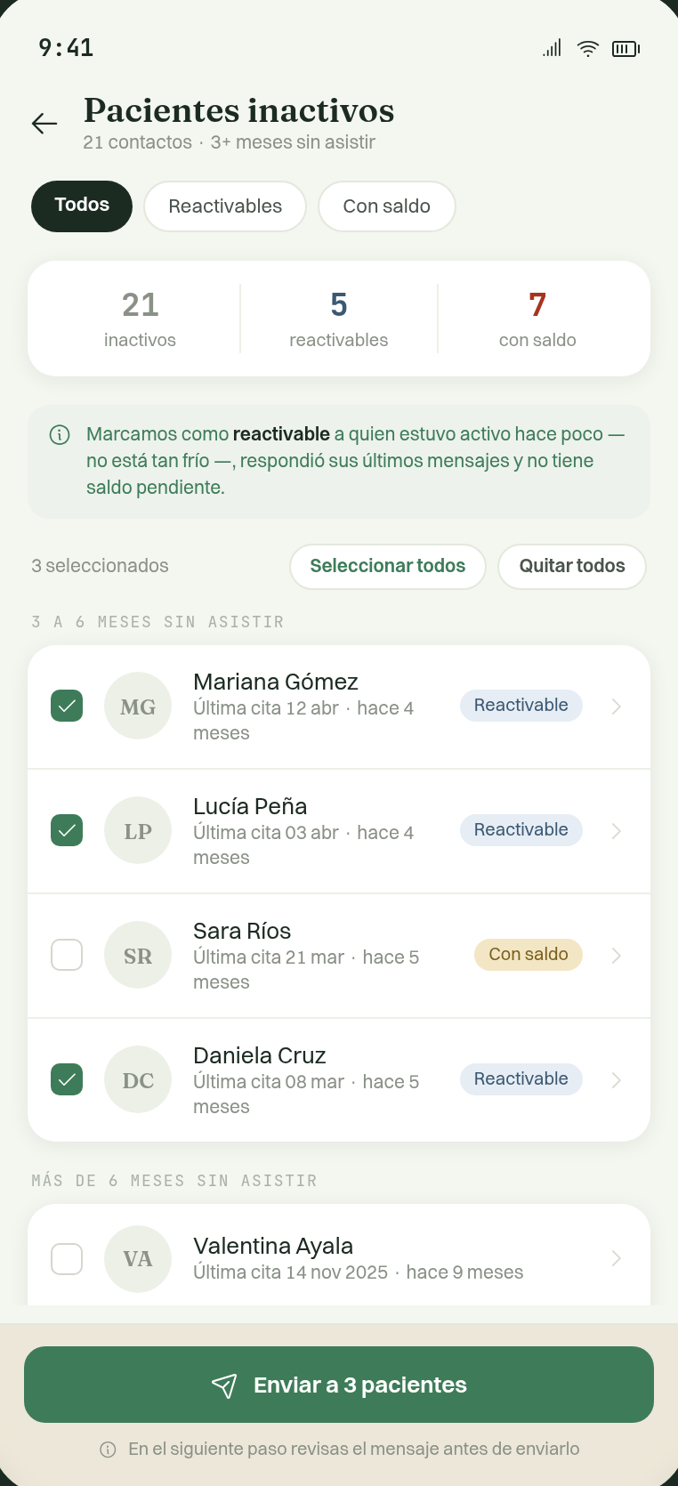 Lista de pacientes inactivos con tres seleccionados para reactivar