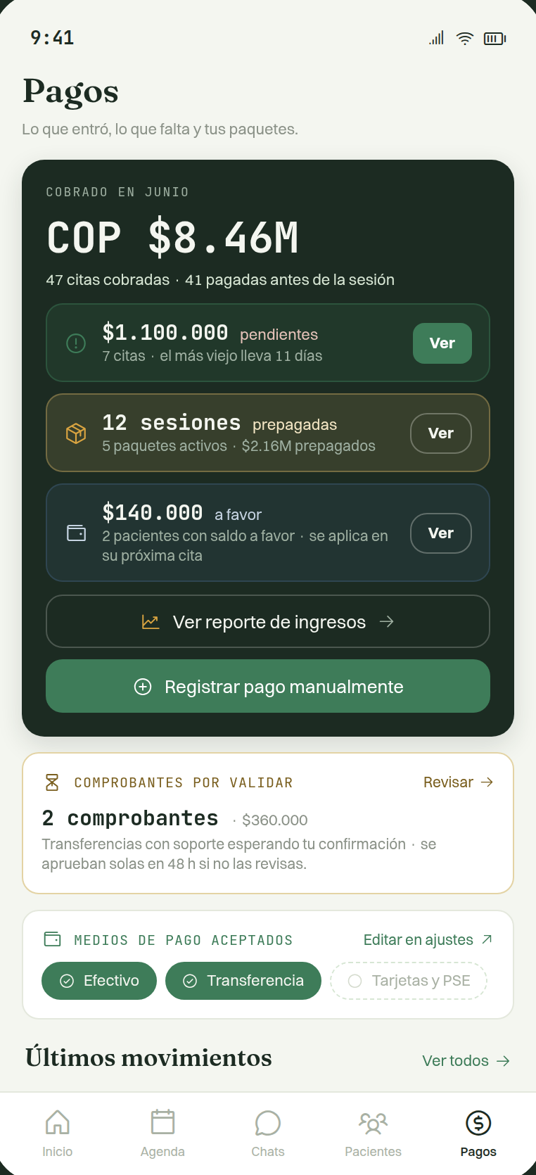 Pantalla de pagos de citaliza con lo cobrado del mes y assets/screenshots/pagos-inicio-del-mes.v0002.png.100.000 pendientes de cobro