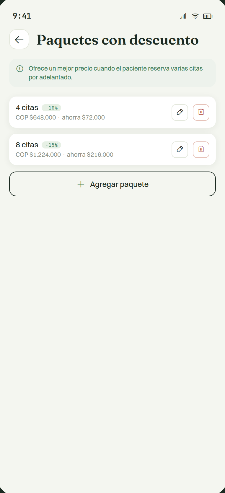 Paquetes con descuento configurados