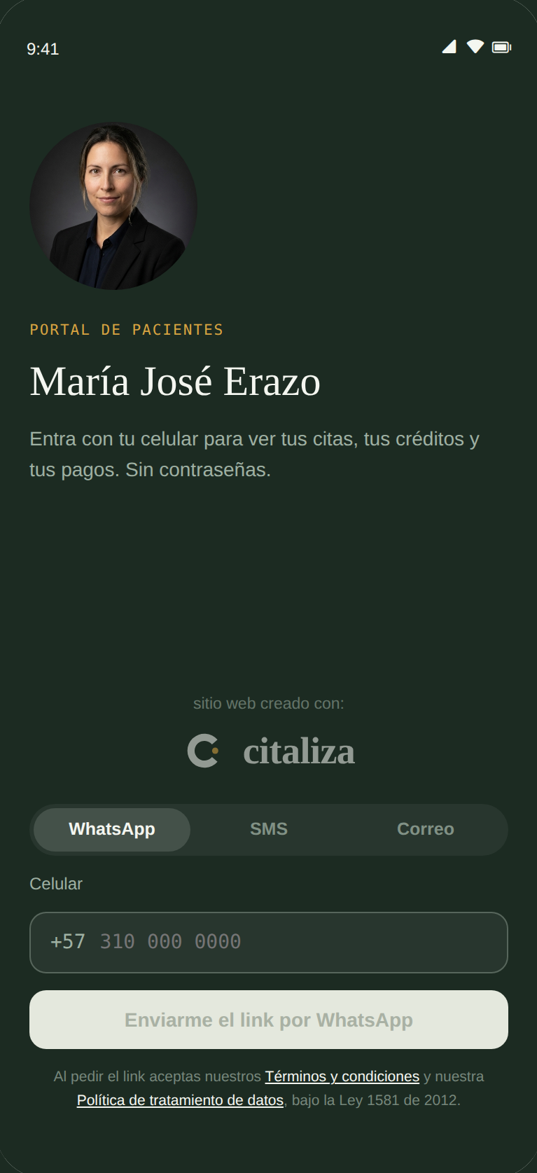Portal del paciente con la foto y el nombre de la profesional