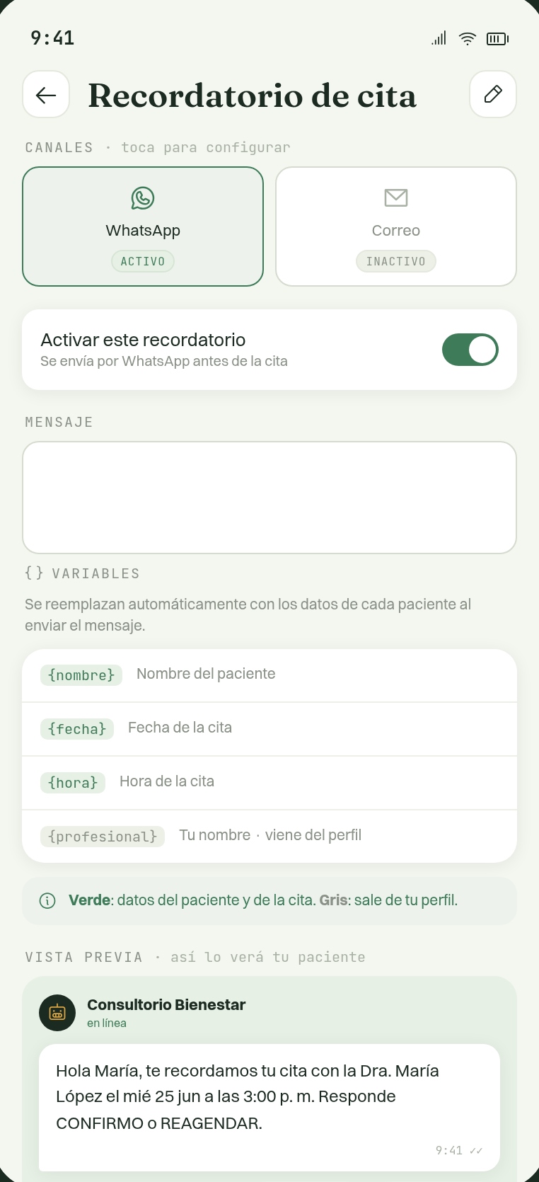 Recordatorio de cita con la vista previa del mensaje tal como lo verá la paciente