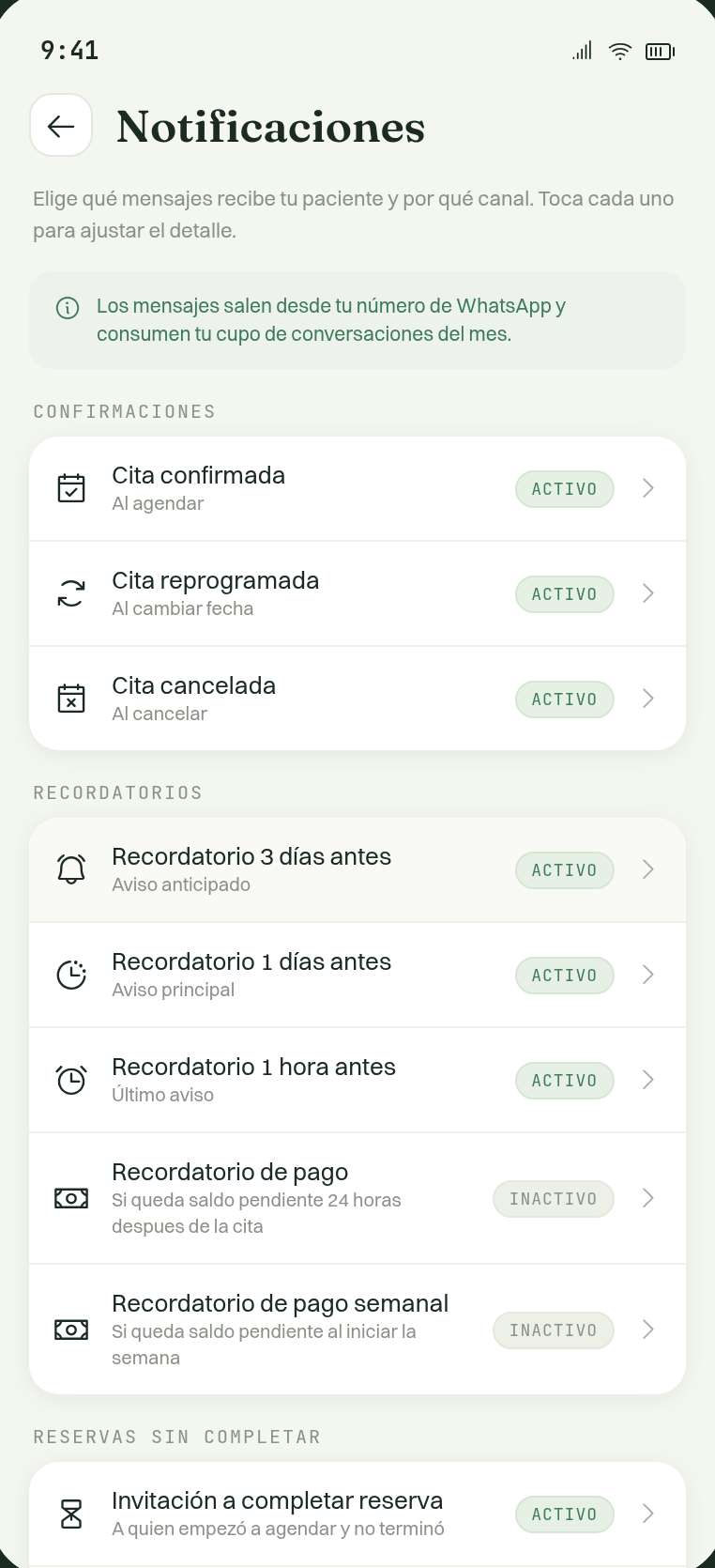 Los tres recordatorios de cita con sus interruptores: 3 días, 1 día y 1 hora antes