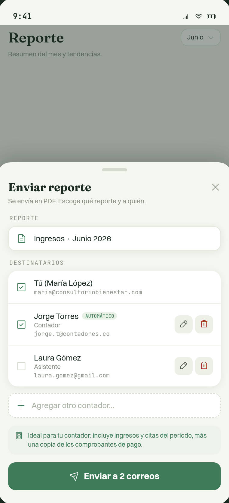 Reporte del mes con el destinatario del contador