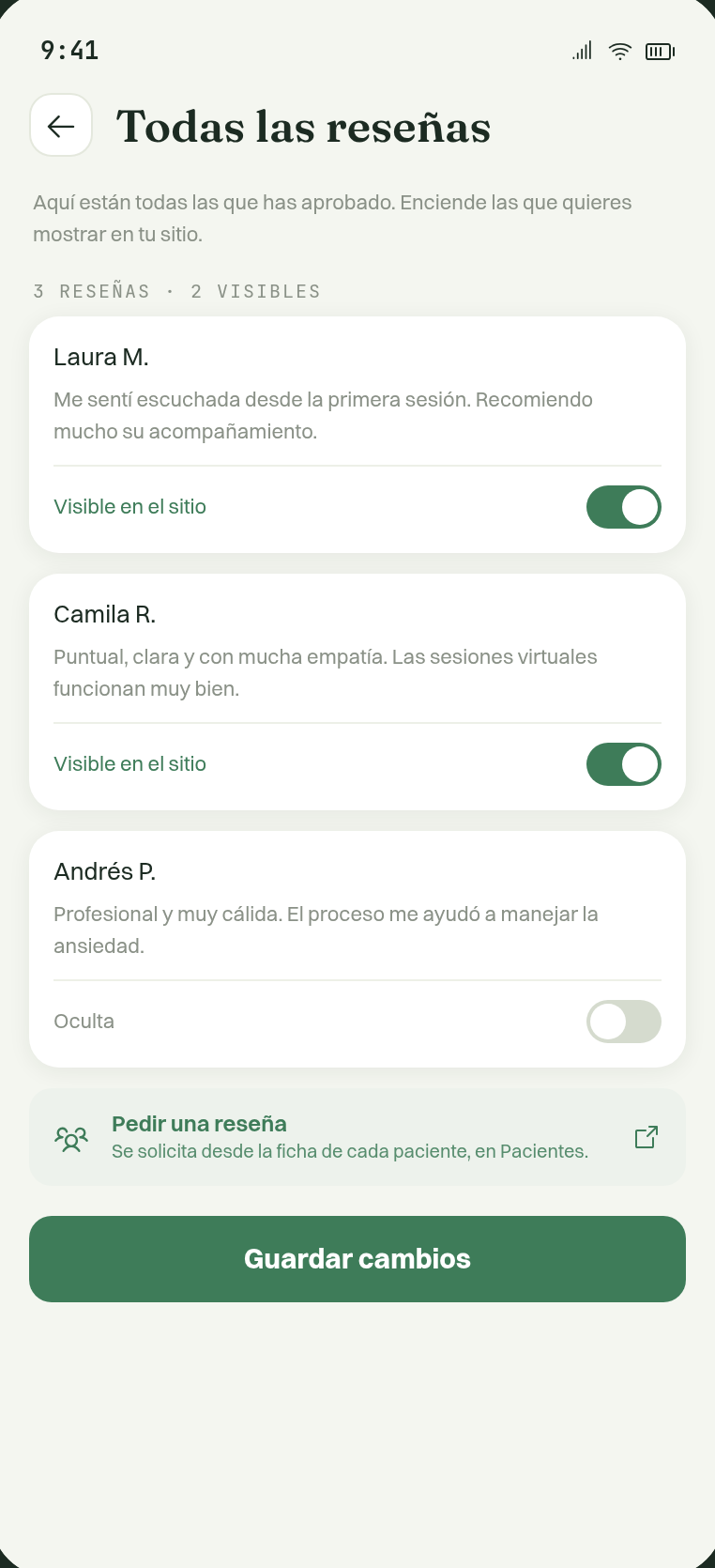 Reseñas aprobadas con el interruptor de visible en el sitio