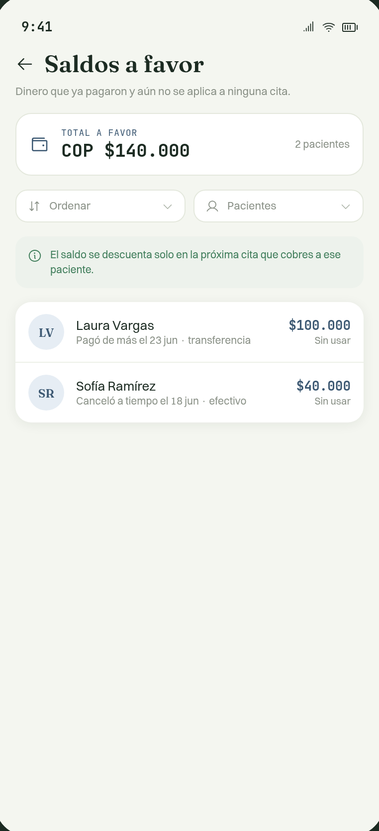Ficha del paciente con saldo a favor